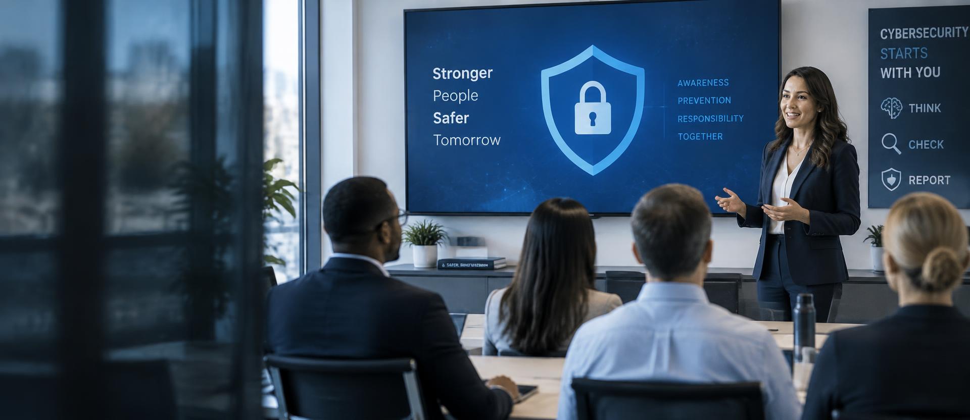 Instructor presenting a cybersecurity awareness session to business professionals