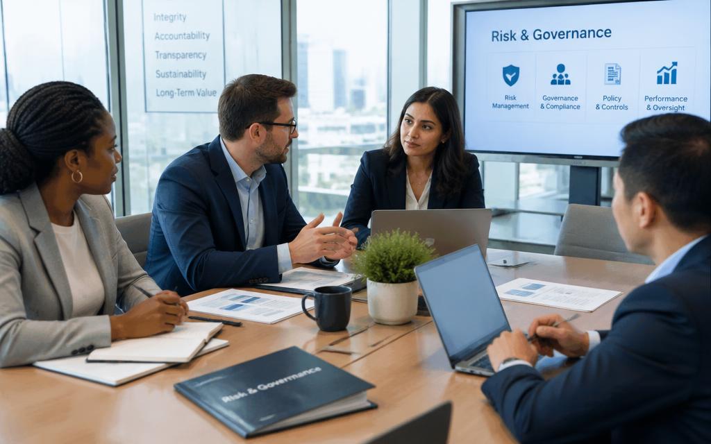 Professionals discussing information security risk around a meeting table
