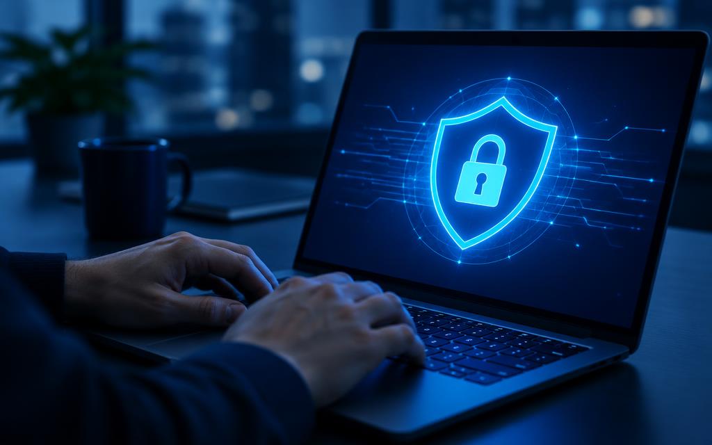 Laptop displaying a shield and padlock security illustration
